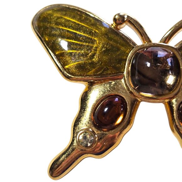 Monet Gold-Tone Enamel Butterfly Brooch Pin Amber Cabochon Moth Figural 90s Vtg - Picture 4 of 7